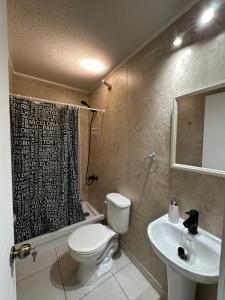 y baño con cortina de ducha, aseo y lavamanos. en Acogedora Habitación Doble con Baño Exclusivo, Ideal para Descanso y Tranquilidad, en Puerto Montt