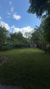 a grassy yard with a house in the background at Monte Apartment in Sarajevo