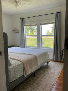 a bedroom with a bed and a large window at Mountain View Cottage in Ashland