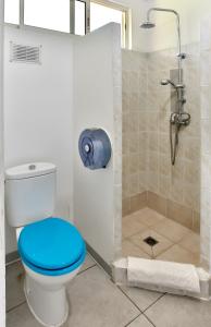 La salle de bains est pourvue d'une douche et de toilettes bleues. dans l'établissement Pension De La Plage, à Punaauia