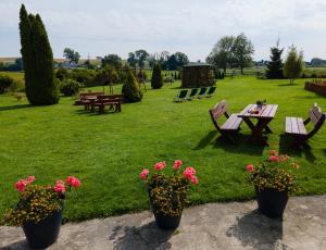 a park with picnic tables and flowers in the grass at Agroturystyka u Janeckich in Czarny Młyn