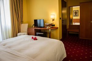 una camera d'albergo con letto, scrivania e TV di Hotel Cinzia Ristorante Christian e Manuel a Vercelli