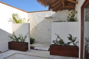d'une terrasse avec 3 plantes dans de grands pots blancs. dans l'établissement Casa Punta Coco & Beach Club, à Holbox