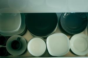a bunch of green and white bowls and plates at 1980 fuji yamanakako in Yamanakako