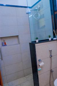 a bathroom with a shower with a glass door at Aramis Apparments in Nairobi