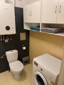 a bathroom with a toilet and a washing machine at Odnowiony Apartament Premium in Zawiercie +4 photos