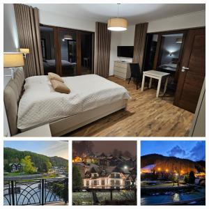 a collage of pictures of a hotel room with a bed at Willa Zacisze Szczawnica 25 m2 IIp in Szczawnica
