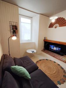 MontgaillardにあるMaison de village centre Ariège proche Foixのソファと暖炉のあるリビングルーム