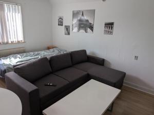 ein Wohnzimmer mit Sofa und Tisch in der Unterkunft Pet-Friendly Apartment 1 30m2 - close to Femern & Puttgarden & Lalandia & Knuthenborg in Holeby