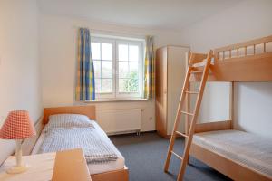 a bedroom with two bunk beds and a ladder at Salzwiesenglück im Haus zwischen den Wassern in Behrensdorf