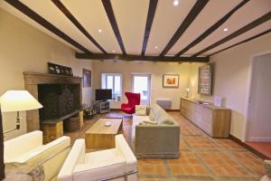 un salon avec un canapé et une cheminée dans l'établissement Maison Lavande, à Saint-Martial-de-Valette