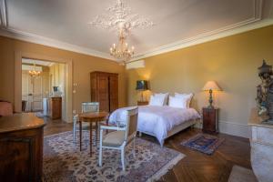 布尔日Le Château du Sollier - Charme calme et confort climatisation à 5mn du peage的一间卧室配有一张床、一张桌子和一个吊灯。