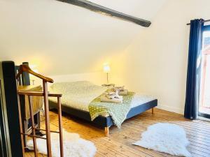 a bedroom with a bed with a lamp on it at La Petite Maison Solognote, au pied du Château in La Ferté-Saint-Aubin