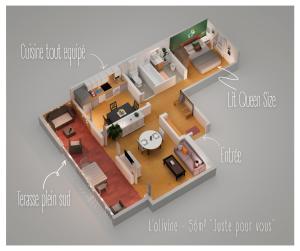 un schéma d'un salon dans l'établissement SPÉCIAL COUPLE & FAMILLE - Lit Queen Size - NETFLIX - Climatisation - Terrasse Plein Sud - 2 min Centre-Ville - 6 min Mer - Wifi 400 Mbits Parking privé - OFFRE SPÉCIALE, à La Londe-les-Maures 25 autres photos