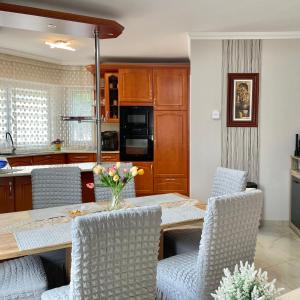 a kitchen with a dining room table and chairs at Zajer Apartment Ház in Hajdúszoboszló