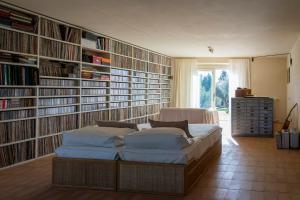 a large room with a bed and bookshelves at Cavallara - pace, natura e musica a Santarcangelo di Romagna in Corpolò