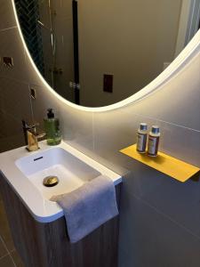 a bathroom with a white sink and a mirror at Tiny house in Arendal in Arendal +23 photos