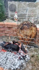 Ein Huhn kocht auf einem Grill in der Unterkunft Pensiunea Mirela in Breaza
