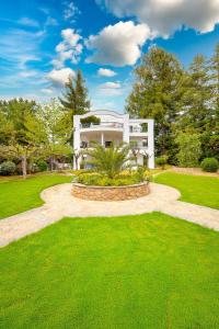 a large white house with a green yard at Vista Mare Blu House in Agioi Theodoroi