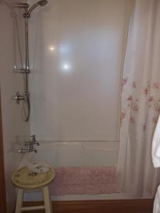 La salle de bains est pourvue d'une baignoire et d'une douche avec un tabouret. dans l'établissement Bumblebee Cottage, à Greytown