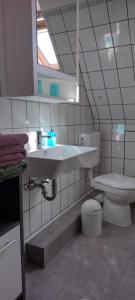 a bathroom with a sink and a toilet at Schippkieker in Heikendorf +20 photos