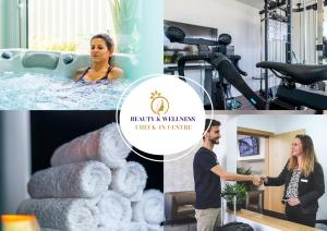 a collage of photos of a spa with a man and woman in a bath at Townhouse Aqua-Maris by Algarve Vacation in Tavira