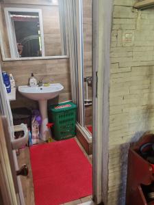 a bathroom with a sink and a red rug at Ambijent house in Železnička Stanica Ovčar Banja