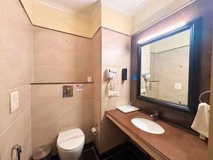 a bathroom with a toilet and a sink and a mirror at The Oakland plaza - Nehru Place by Orion Hotels in New Delhi