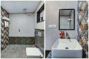 two pictures of a bathroom with a sink and a toilet at Super Townhouse Prince Palace in Trivandrum