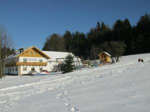 a house in the snow with footprints in the snow at Ferienhof Jägersteig in Waldmünchen