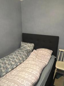 a bed with a black headboard and two pillows at Cheap Apartment near airport with included parking, washer and dryer Always Ready Finhaugveien 5 in Evenesmarkja