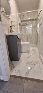 a bathroom with a sink and a shower and a toilet at Modern Living apartment in Balnacart
