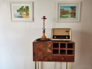 a table with a radio on top of it at Sobe Pri Olivi in Kobarid