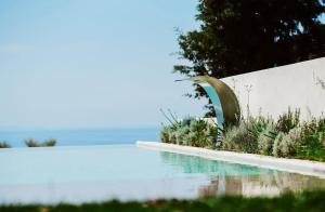 a swimming pool with plants next to a wall at Luxury Villa Dhermi in Gjilek