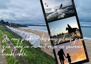 a collage of two pictures of a horse and people on the beach at LE MISTRAL DU CENTRE VILLE ,chaleureux à 2 min de la plage in Dinard +1 photo