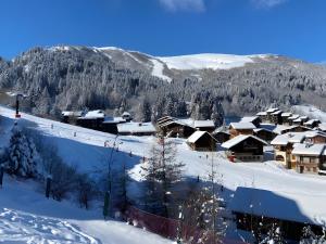 une station de ski avec des bâtiments enneigés sur une montagne dans l'établissement Appartement Valmorel, à Valmorel