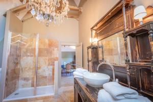 布尔日Le Château du Sollier - Charme calme et confort climatisation à 5mn du peage的一间带水槽、淋浴和吊灯的浴室