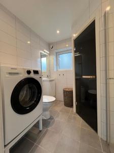 a bathroom with a washing machine and a toilet at Modern Mountain Cabin in Idre 1022 in Idre +19 photos