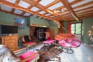 ein Wohnzimmer mit Kamin und Fernseher in der Unterkunft Cottage au Calme in Gèdre