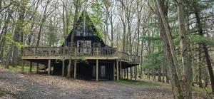 a tree house in the middle of the woods at Golden A Frame- 3 bedroom with hot tub and community amenities in Swanton