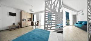 two images of a living room and a staircase in a room at Alezzi Beach Resort Pool &Spa in Mamaia Sat/Năvodari