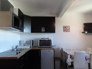 une petite cuisine avec un évier et un micro-ondes dans l'établissement Studio cosy 4 pers, ski aux pieds, casier à skis, parkings gratuits, équipement complet inclus. - FR-1-602-4, à Arette