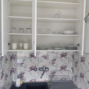 a kitchen with a shelf with dishes on it at Studio apartman Franka in Vukovar +39 photos