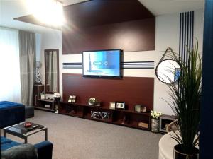 een woonkamer met een flatscreen-tv aan de muur bij Bubu și Bubulina in Galaţi