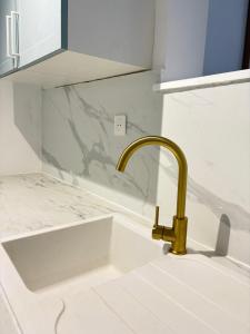 a sink with a gold faucet in a kitchen at Maison moderne en plein centre ville du Havre avec jacuzzi et parking gratuit in Le Havre +16 photos