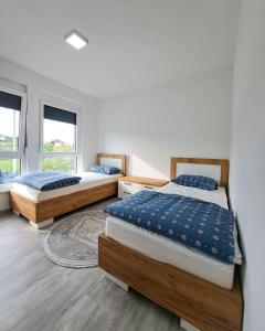 two beds in a room with two windows at Villa Vienna in Bužim