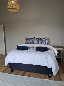 a bedroom with a large bed with blue pillows at 16 Bloulelie - The Bend County Estate -SUV in Rev Estates