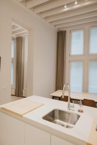 una cucina bianca con lavandino e due finestre di Blue Bird Residence ad Anversa