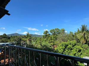a balcony with a view of trees and mountains at PROpaganda Hostel in Thong Sala