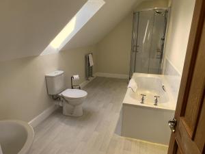 a bathroom with a toilet and a sink and a shower at Walled garden cottage in Hassocks +33 photos